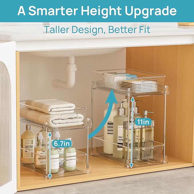 Vtopmart 2 Pack Higher Bathroom Organizer, 2 Tier White Under Sink Organizers - Image 2