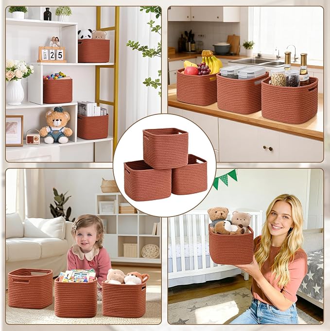 3 Pack Cube Storage Bin, 9”x9”x7” Cotton Rope Woven Baskets - Image 7