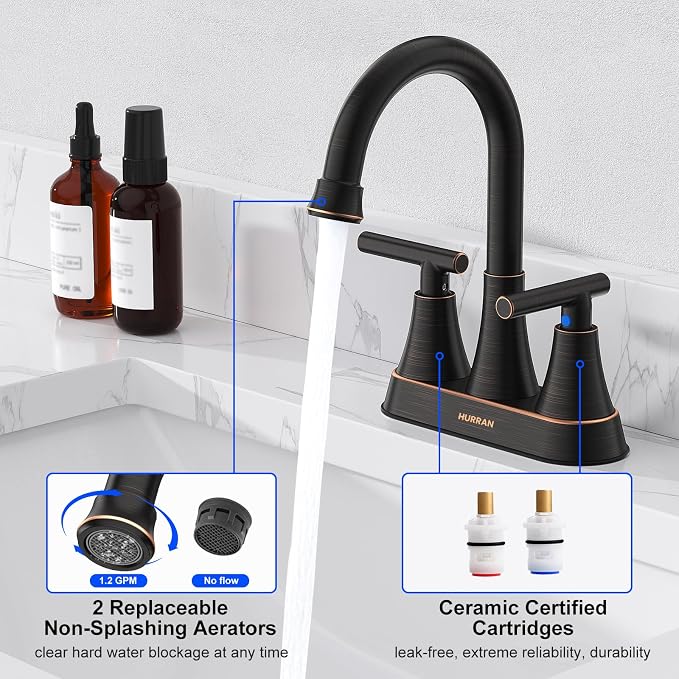 Bathroom Faucets for Sink 3 Hole, Hurran 4 inch Oil Rubbed Bronze Bathroom Sink - Image 4