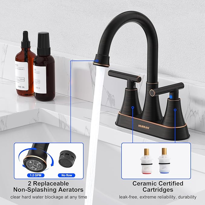 Bathroom Faucets for Sink 3 Hole, Hurran 4 inch Oil Rubbed Bronze Bathroom Sink - Image 4