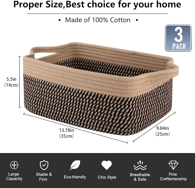 OIAHOMY 3 Pack Storage Baskets for Organizing, Woven Cotton Rope Basket for - Image 3