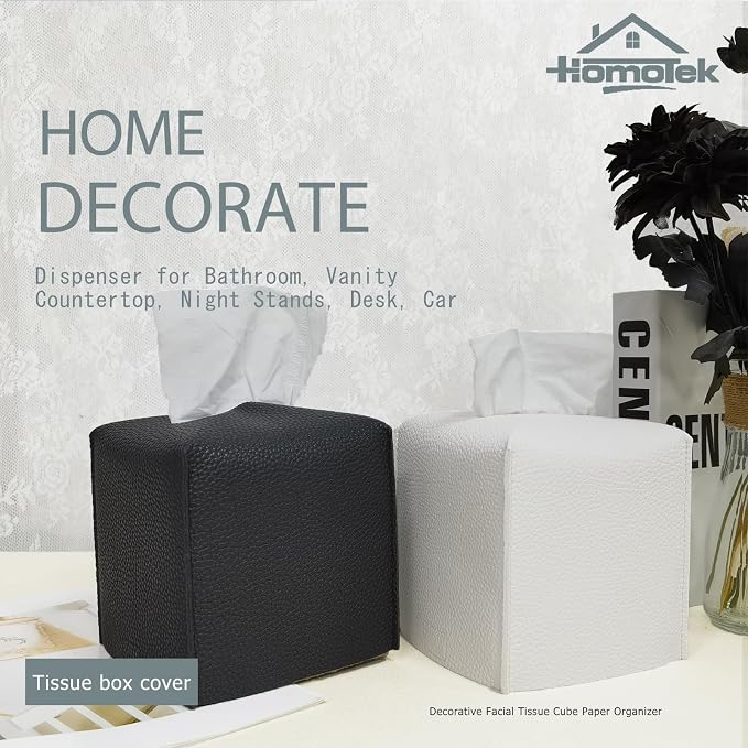 HOMOTEK 2 Pack Tissue Box Cover, Square PU Leather Tissue Holder, Decorative - Image 4