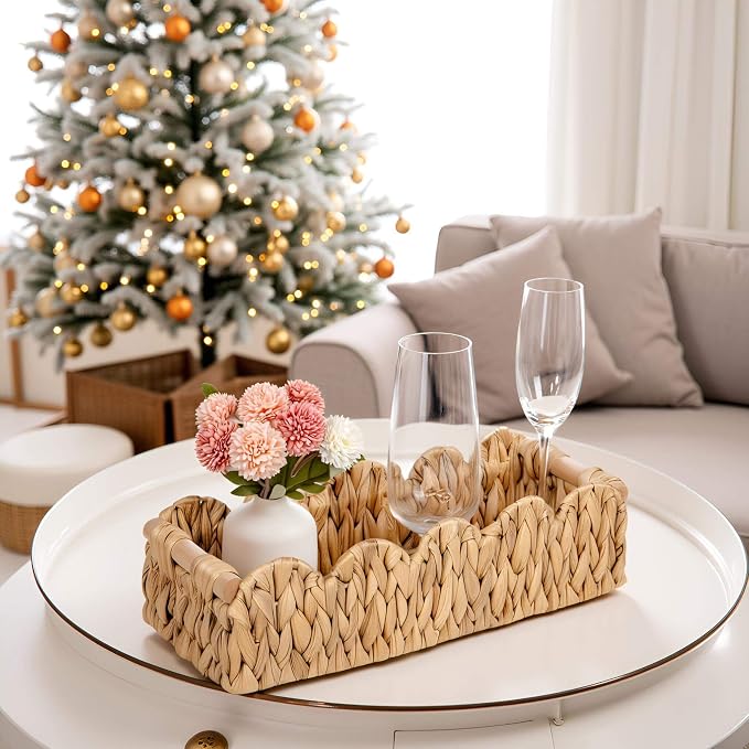 Wicker Bathroom Basket Tray Organizer w/Scalloped - Image 8