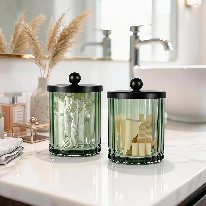 Amolliar Sage Green Glass Apothecary Jar, Qtip Holder Dispenser - Image 3