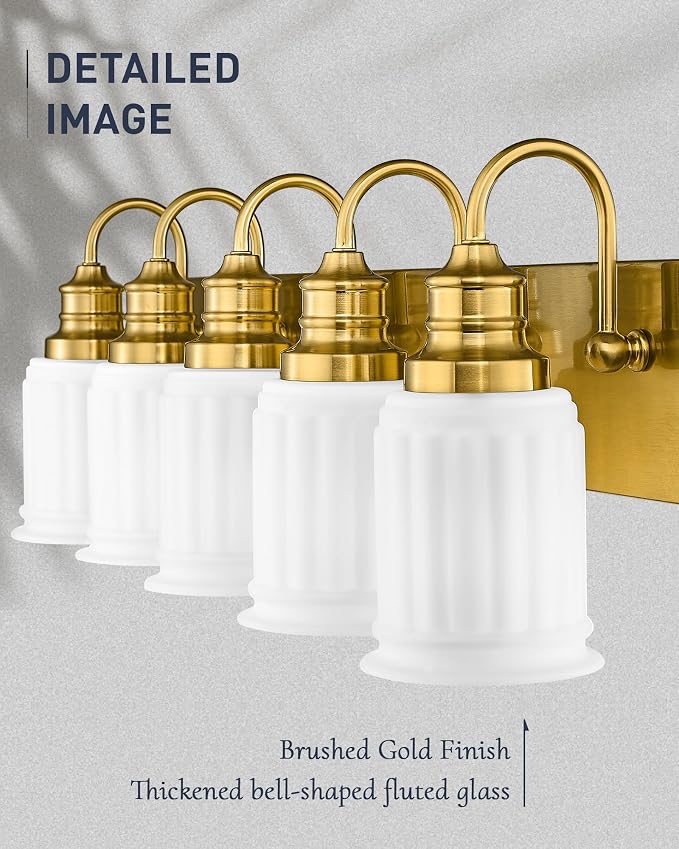 5-Light Bathroom Vanity Light, HWH Brushed Gold Bathroom Lighting Fixtures - Image 2