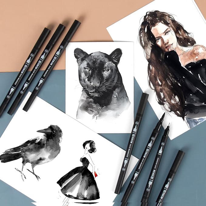 Black Duo Tip Marker Pens, 12 Pack Fine & Brush Markers - Image 5