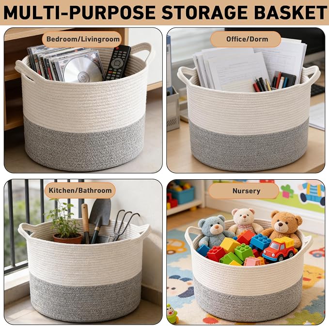 65L Large Blanket Basket, 19.7" L x 19.7" W x 13" H Rope Woven Baskets - Image 5