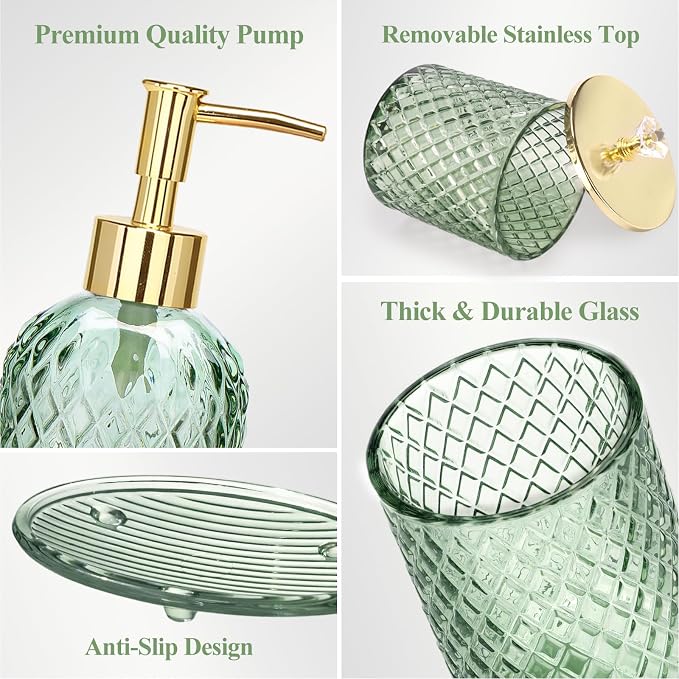 Green Bathroom Accessories 4Pcs of Glass Bathroom Counter Organizer Set - Image 3