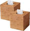 2 Pack Natural Rattan Tissue Box Cover, Hand Woven Square Wicker Holder by S310
