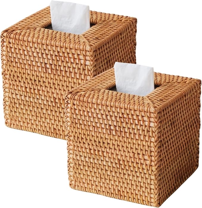 2 Pack Natural Rattan Tissue Box Cover, Hand Woven Square Wicker Holder by S310