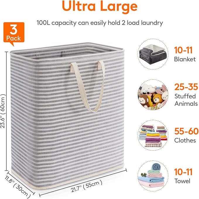 Lifewit 3 Pack Laundry Basket 100L Each, Collapsible Clothes Hamper - Image 4
