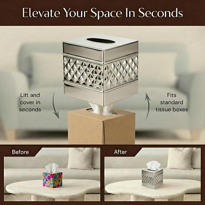 Monarch Abode Tissue Box Cover Square – Handcrafted Geo Embossed Nickel Chrome - Image 7