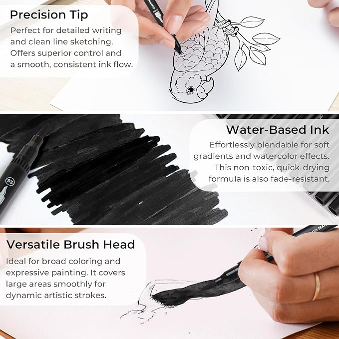 Black Duo Tip Marker Pens, 12 Pack Fine & Brush Markers - Image 3