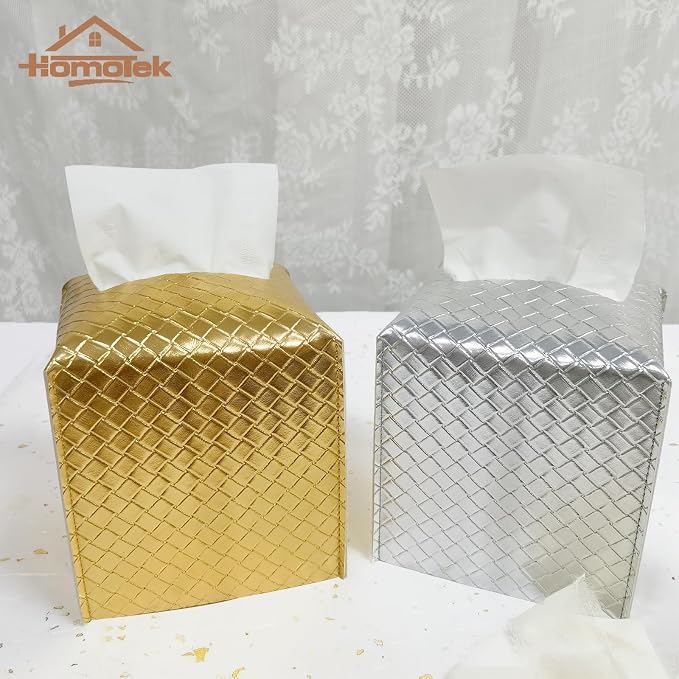HOMOTEK 2 Pack Tissue Box Cover, Square PU Leather Tissue Holder, Decorative - Image 5