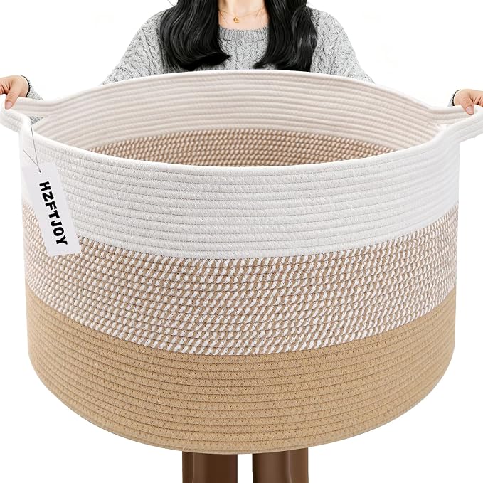 90L Large Blanket Basket, 21.7"L x 21.7"W x 13.8"H Rope Woven Baskets by HZFTJOY