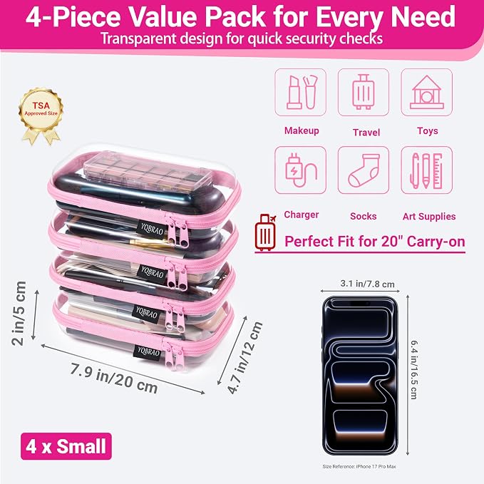 YQBRA 4 Pack Clear Hard Shell Zipper Case, See-Through Hard Plastic Organizer - Image 4