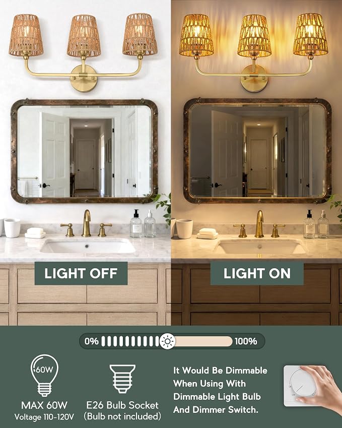 3-Light Bathroom Light Fixtures, Brushed Gold Rattan Vanity Lights - Image 5