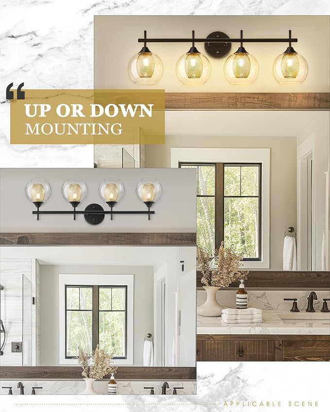 Bathroom Light Fixtures, 4-Light Black and Gold Vanity Lights Over Mirror - Image 5