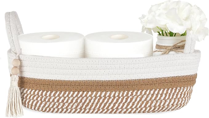 Mkono Small Storage Basket for Toilet Tank Top Boho Bathroom Decor Woven Rope by Mkono