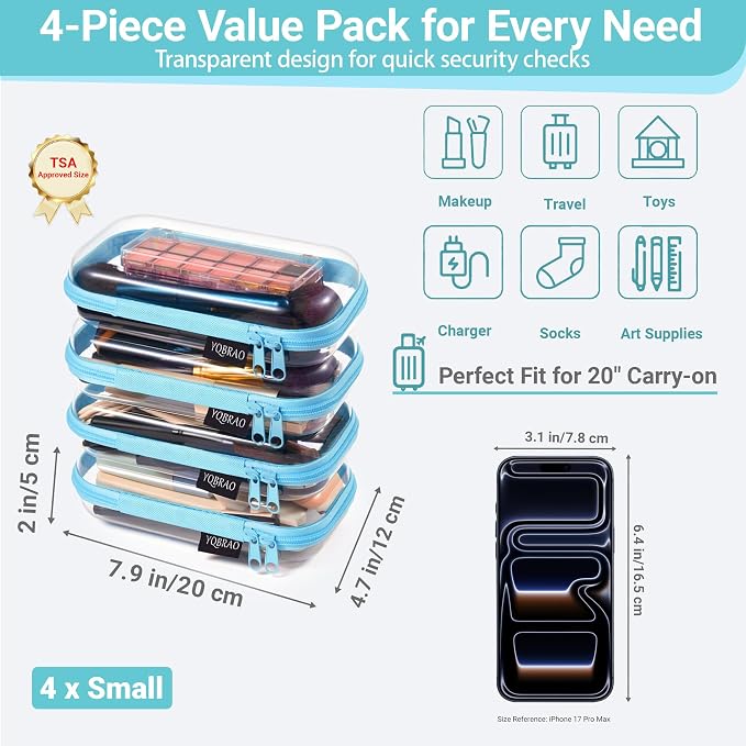 YQBRA 4 Pack Clear Hard Shell Zipper Case, See-Through Hard Plastic Organizer - Image 4