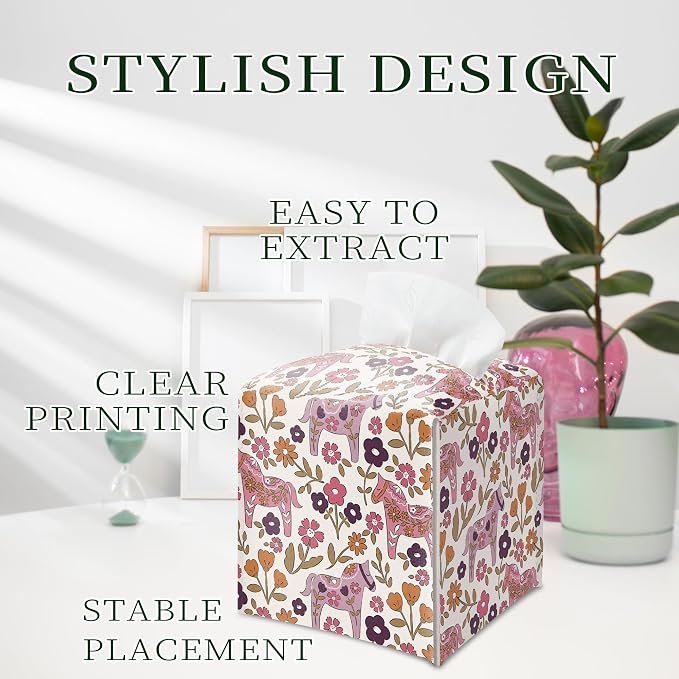 Vintage Floral Horse Tissue Box Cover, Square PU Leather Tissue Holder - Image 5