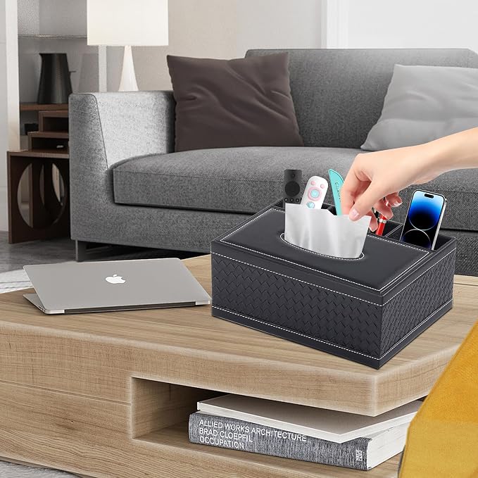 Tissue Box Cover Rectangle Black Tissue Box Holder PU Leather Facial Tissue - Image 3