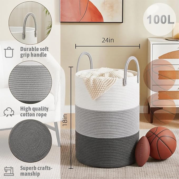 Laundry Basket, Woven Cotton Rope Laundry Hamper, 100L - Image 6
