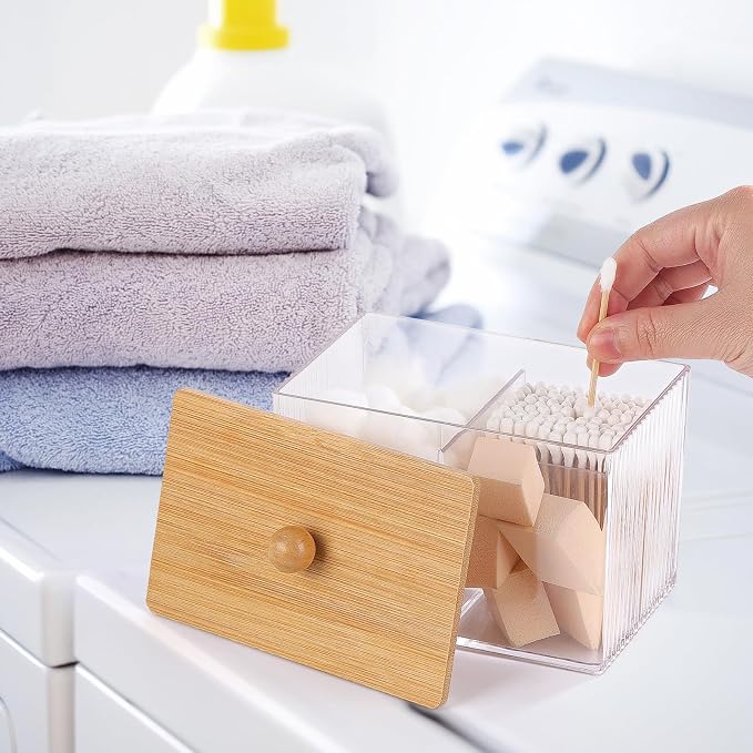 Ohlove Qtip Holder with Bamboo Lids, 3 Compartments Cotton Ball/Swabs Dispenser - Image 4