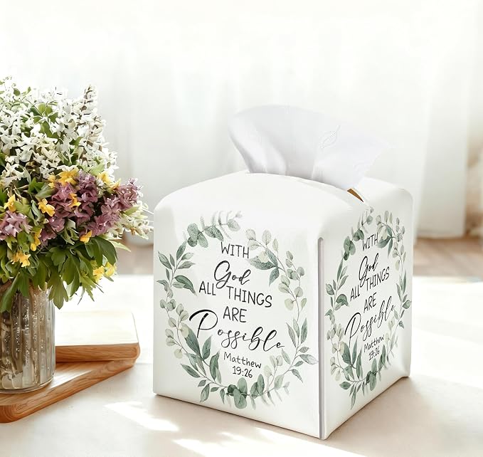 Eucalyptus Bible Verse Tissue Box Cover, PU Leather Drawstring Bottom - Image 3