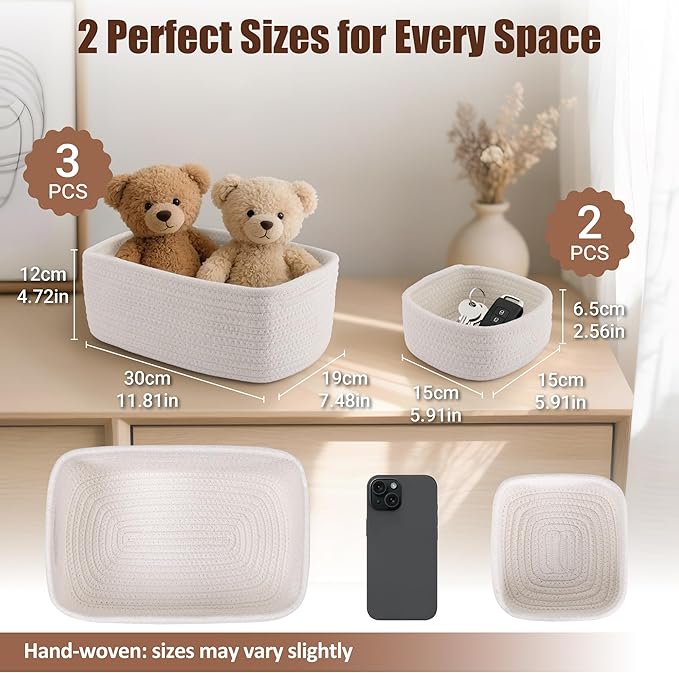 5-Pack Small Woven Rope Storage Baskets – 2 Sizes Organizer Bins - Image 2