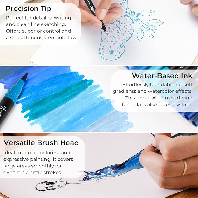 Blue Duo Tip Marker Pens, 12 Pack Fine & Brush Markers - Image 3
