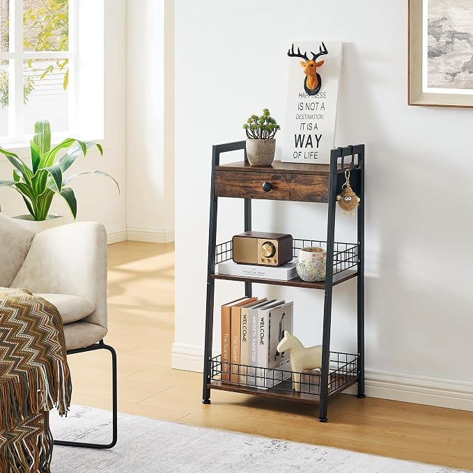3-Tier Ladder Shelf with Drawer, Bathroom Table Stand - Image 9