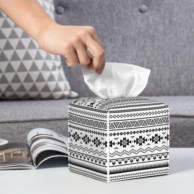 Boho Black White Geometric Tissue Box Cover Square, Abstract Tribal Symbol - Image 6