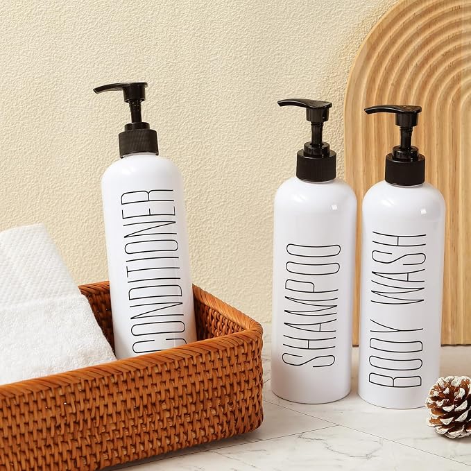 HOMCDALY Shampoo and Conditioner Dispenser, 16oz 3-Pack Refillable Pump Bottles - Image 6