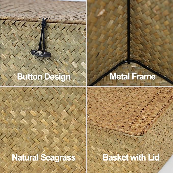 Wicker Storage Basket with Lid, Natural Seagrass Storage Baskets - Image 7