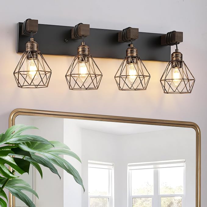 Farmhouse Bathroom Vanity Light Fixtures, 4-Light Black Gold Bathroom Light by MAESTA