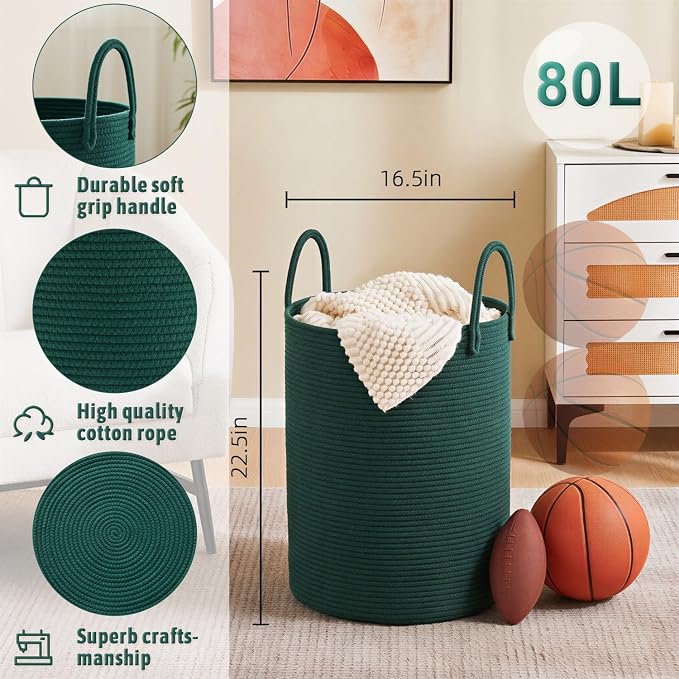 Laundry Basket, Woven Cotton Rope Laundry Hamper, 80L - Image 6
