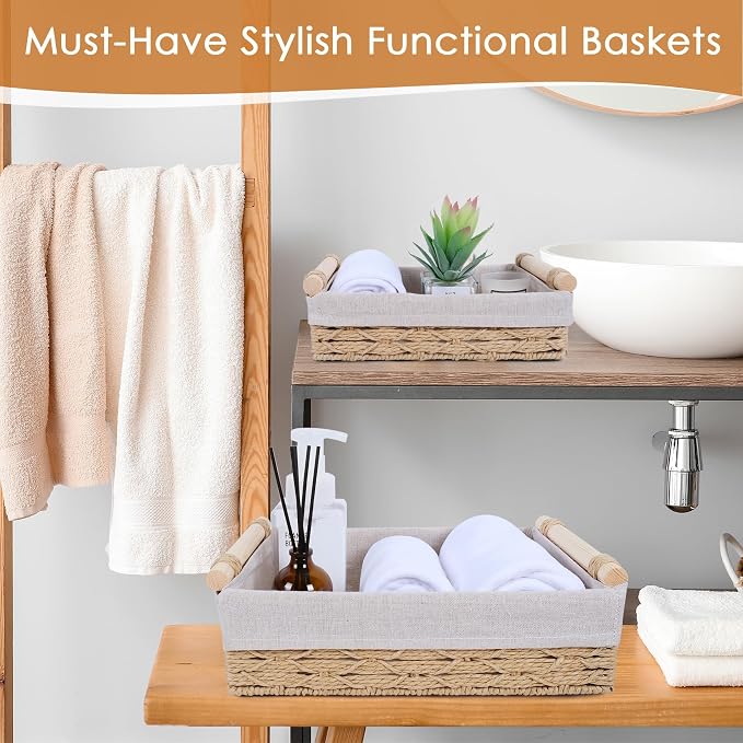 Wicker Storage Basket with Wooden Handle – Paper Rope Decorative Toilet Paper - Image 4