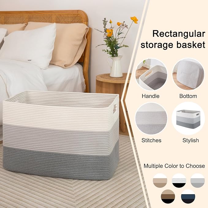 OIAHOMY 108L Large Cotton Rope Basket, Rectangle Woven Baskets - Image 5