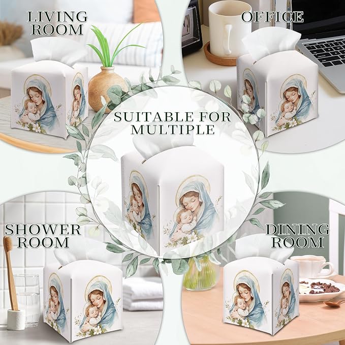 Holy Infant & Virgin Mary Square Tissue Box Cover, PU Leather Drawstring Bottom - Image 6