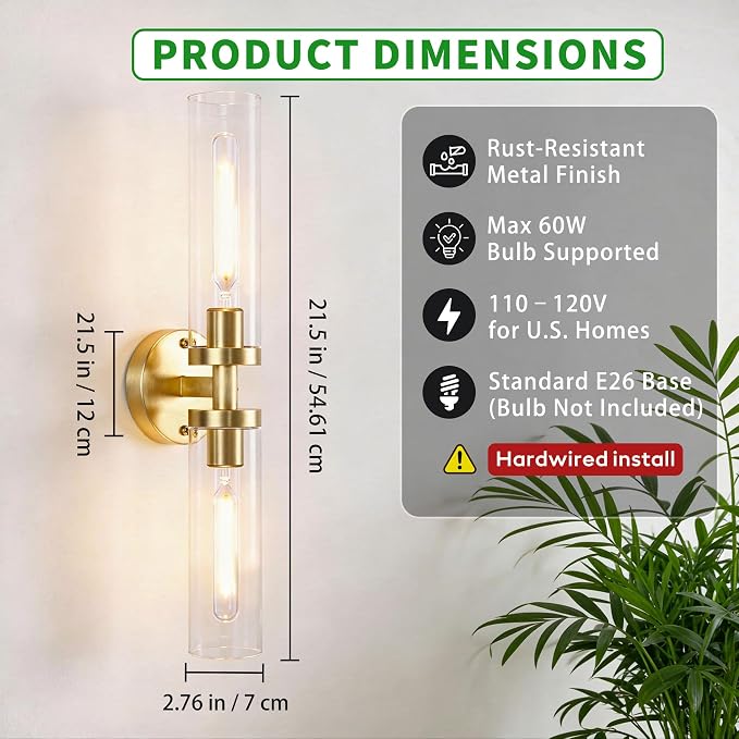 Wall Sconces 2-Pack, Hardwired Bathroom Light Fixtures, Modern Farmhouse Vanity - Image 2