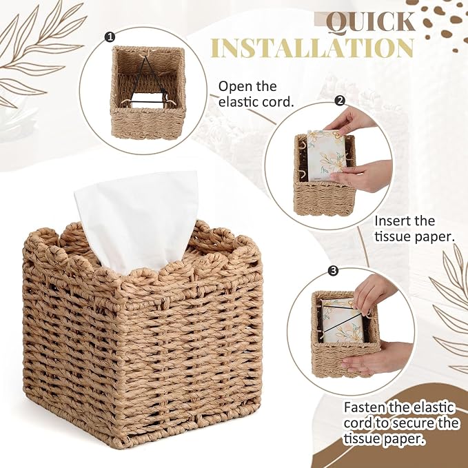 Chengu Scallop Tissue Box Cover, 5.9 Inch Paper Rope Rattan Square Boho - Image 3