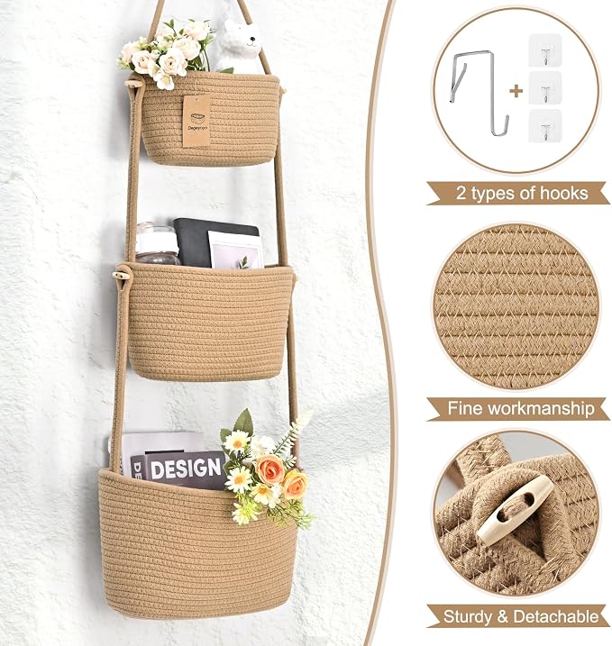 Hanging Storage Baskets, Over the Door Basket, Cotton Wall Baskets Storage - Image 6