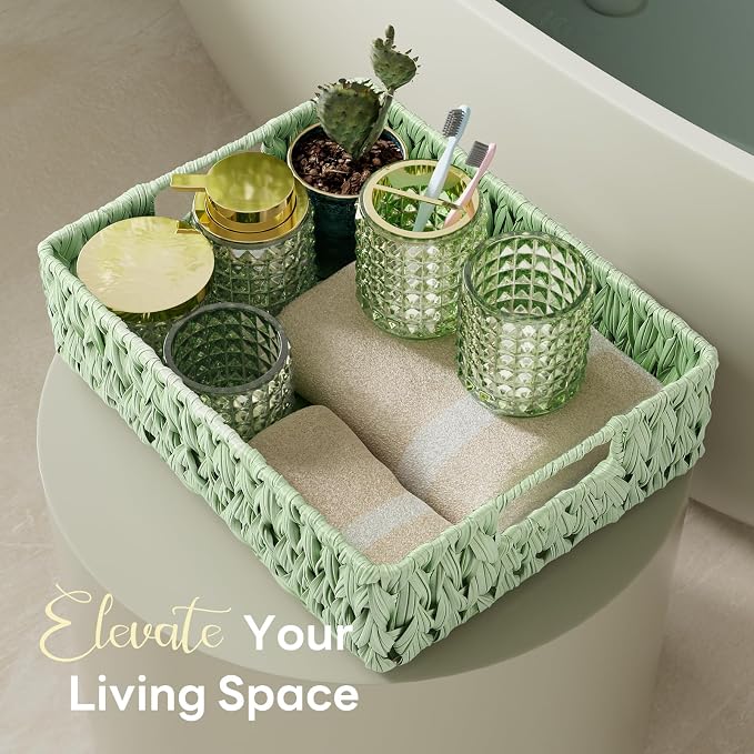 Bathroom Accessory Set with Plastic Wicker Basket, Glass Bathroom Accessories - Image 4