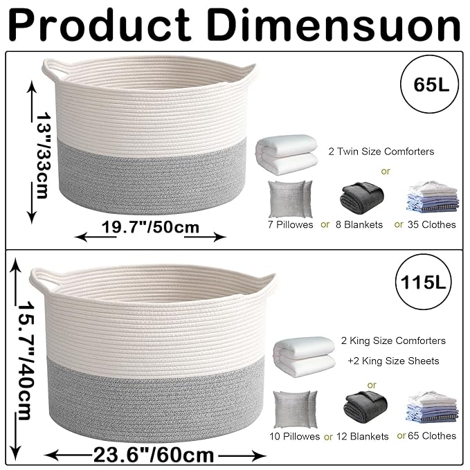 115L Large Blanket Basket, 23.6" L x 23.6" W x 15.7" H Rope Woven Baskets - Image 2