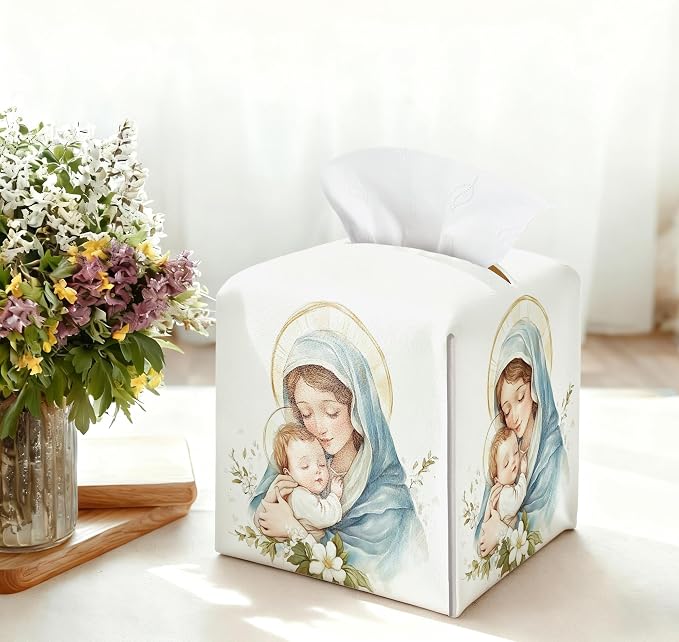 Holy Infant & Virgin Mary Square Tissue Box Cover, PU Leather Drawstring Bottom - Image 3