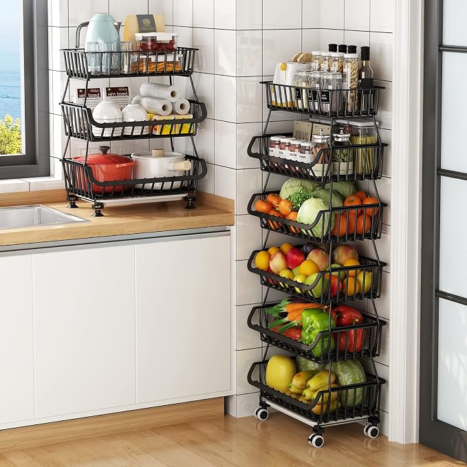 Metal Wire Baskets with Wheels, Stackable Storage Bins Kitchen Organizer Shelf by KOLENSA