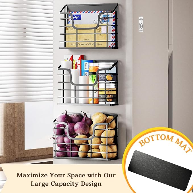Magnetic Shelf for Fridge, 3 Pack Metal Fridge Organizer Baskets, Magnetic Cup - Image 2