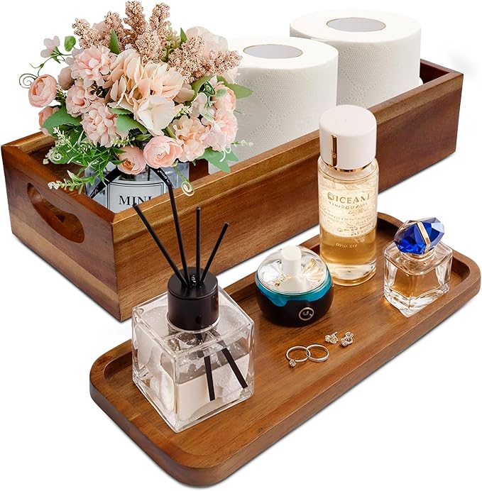 Handmade Toilet Tank Basket Topper & Vanity Tray Set of Natural Acacia Wood by by Demigo