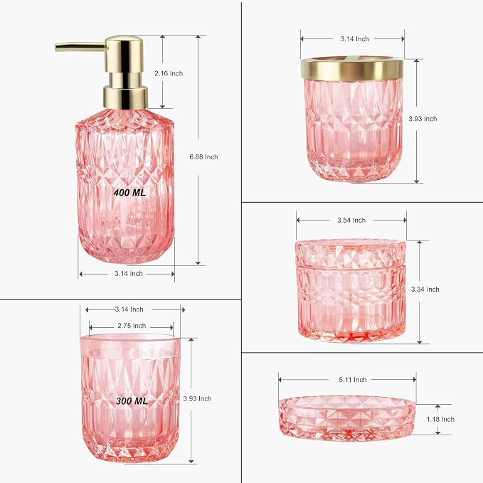 5pcs Clear Glass Bathroom Accessories Set, Crystal Pink Bathroom Decor Set - Image 6